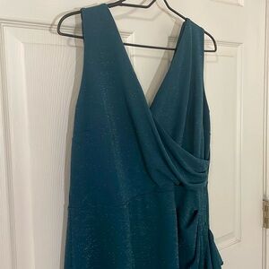 Enfocus Women Teal/Green Party Dress Side Slit Ruffle Zipper Shimmer Silver 14W